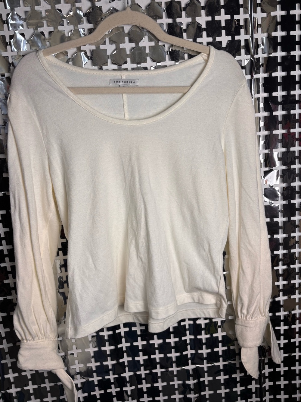 Free Assembly Scoop-Neck Long Sleeve Blouse with Tie Cuffs